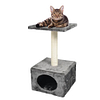grijze kattenpaal met huisje en plank met kat erop