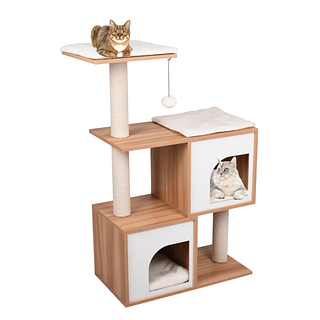 Katten paal met houten kubussen en meerdere niveaus en twee katten