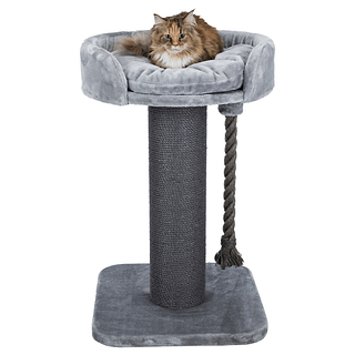 grijze kattenkrabpaal met speeltouw en kat erop