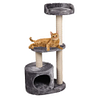 grijze kattenpaal met huisje onderin en twee niveaus en kat