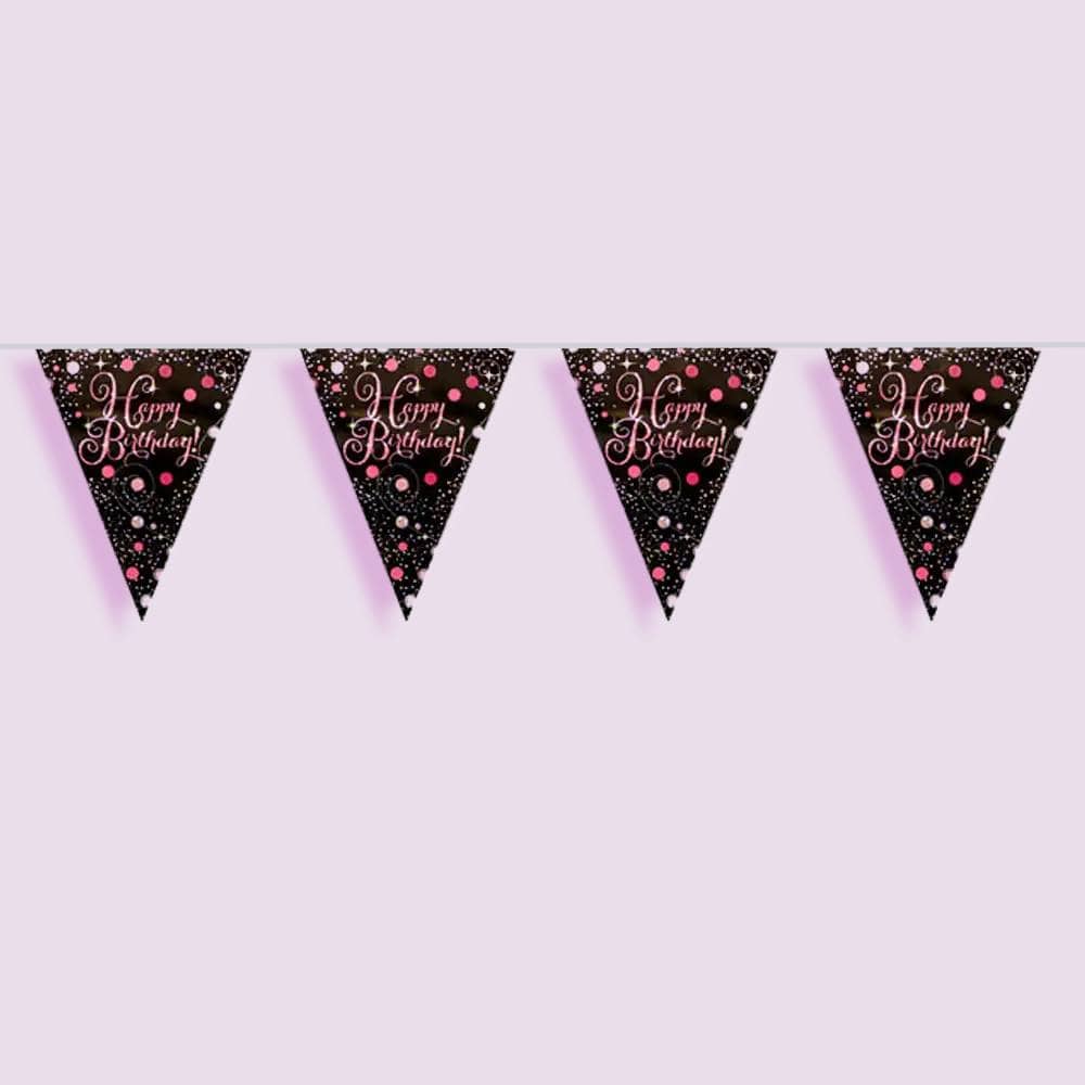 Slinger met de tekst 'happy birthday' in de kleuren roze en zwart