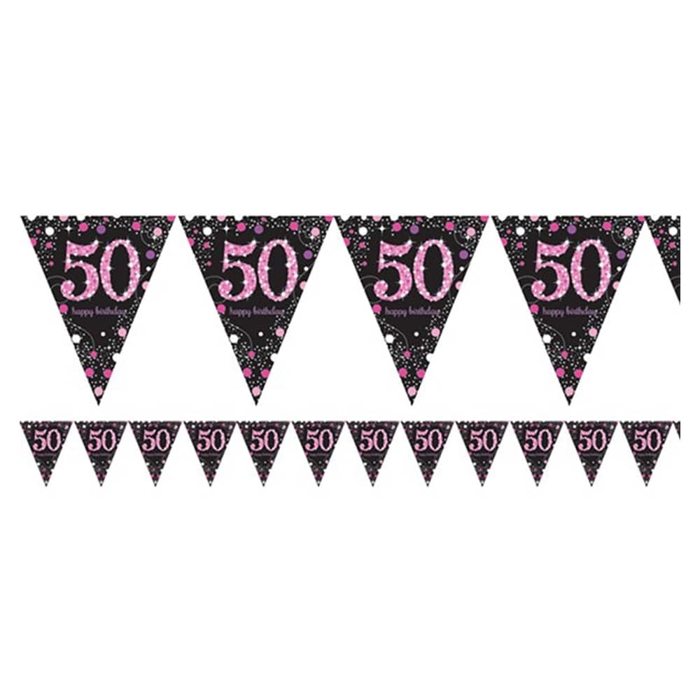 Slinger met de tekst '50 happy birthday' in de kleur zwart en roze van 4 meter lang