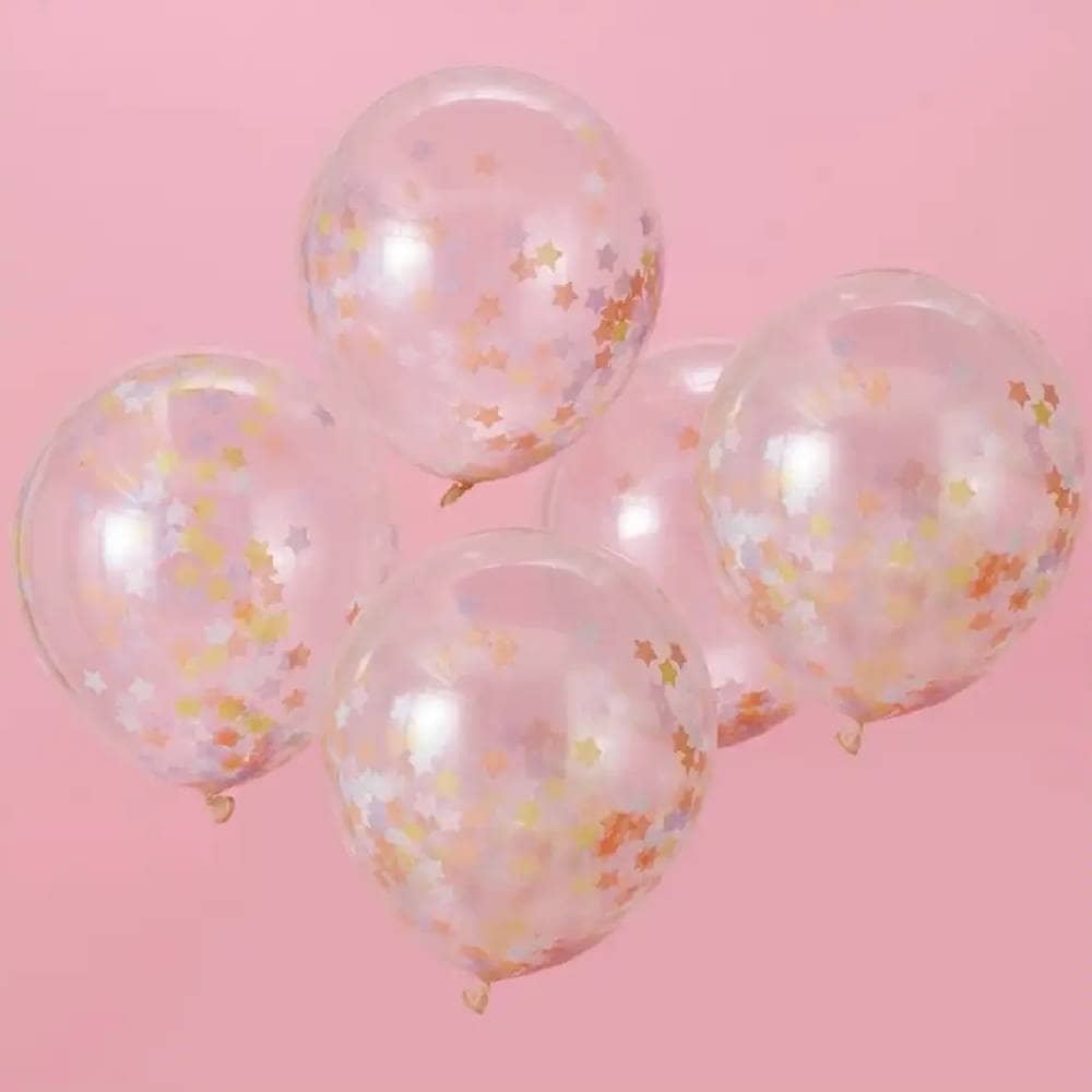 Vijf transparante ballonnen met pastelkleurige sterren confetti