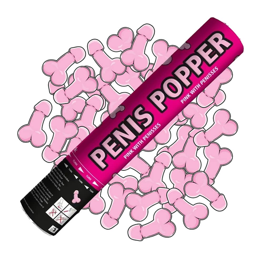 Roze confetti shooter bovenop penisvormige confetti