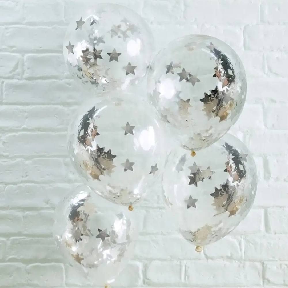 Transparante ballonnen met gevuld met zilveren sterren confetti