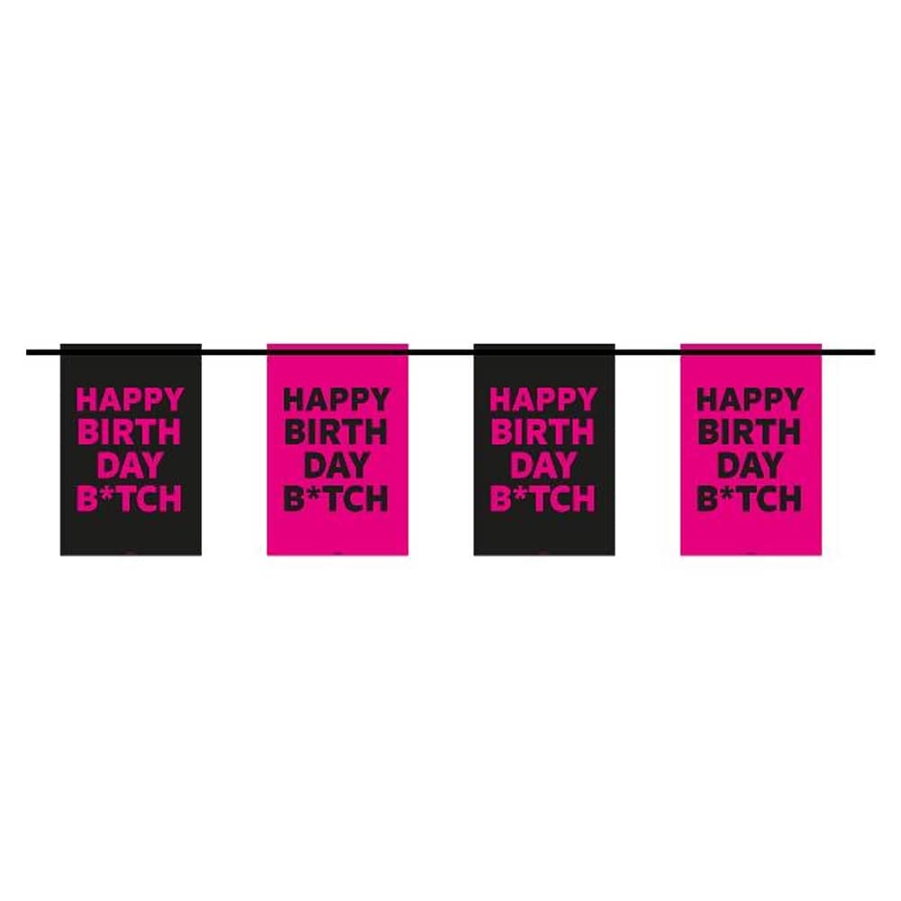 Slinger ‘Happy Birthday B*tch’ van 6 meter in de kleuren zwart en roze