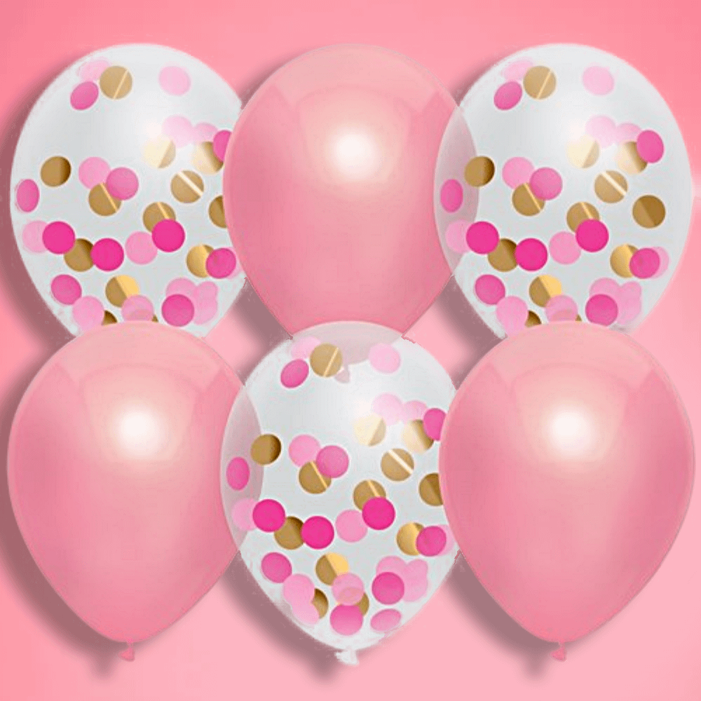 Roze ballonnen en ballonnen met gouden en roze confetti