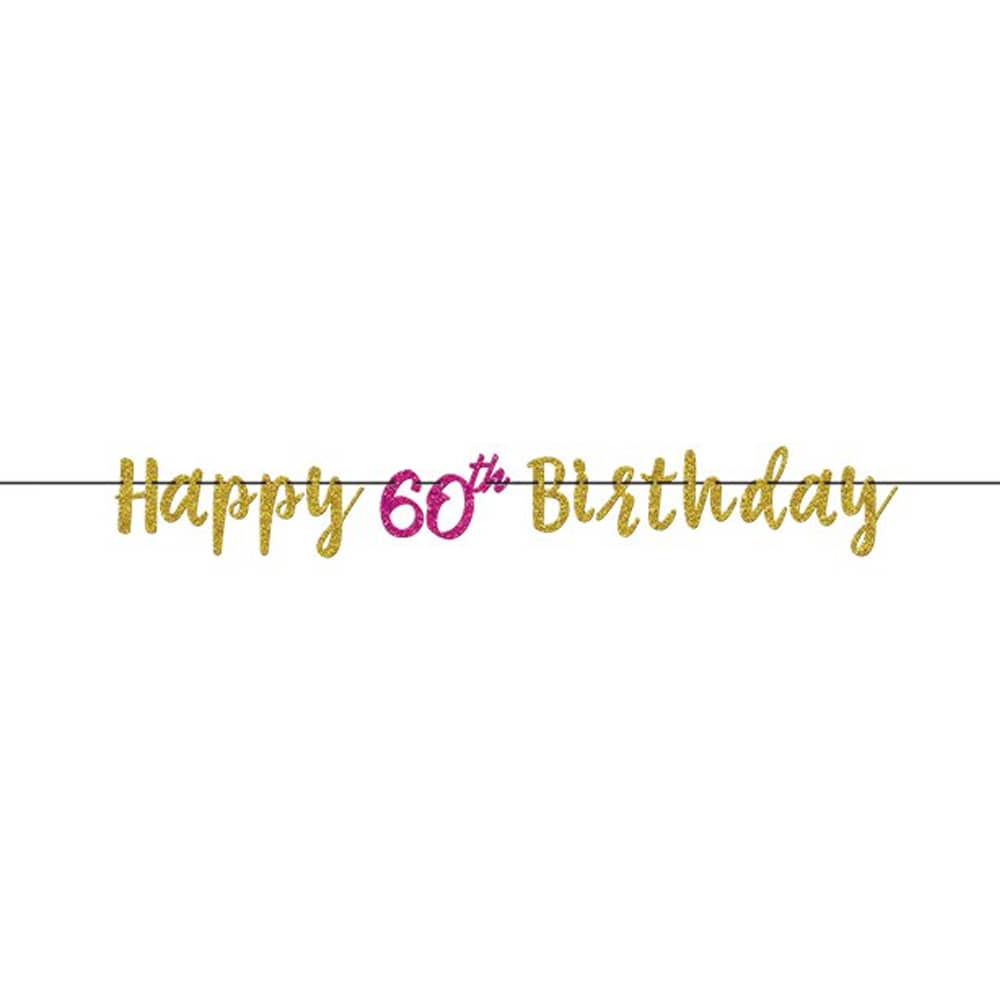 Letterslinger 'happy 60th birthday' met roze en gouden glitters