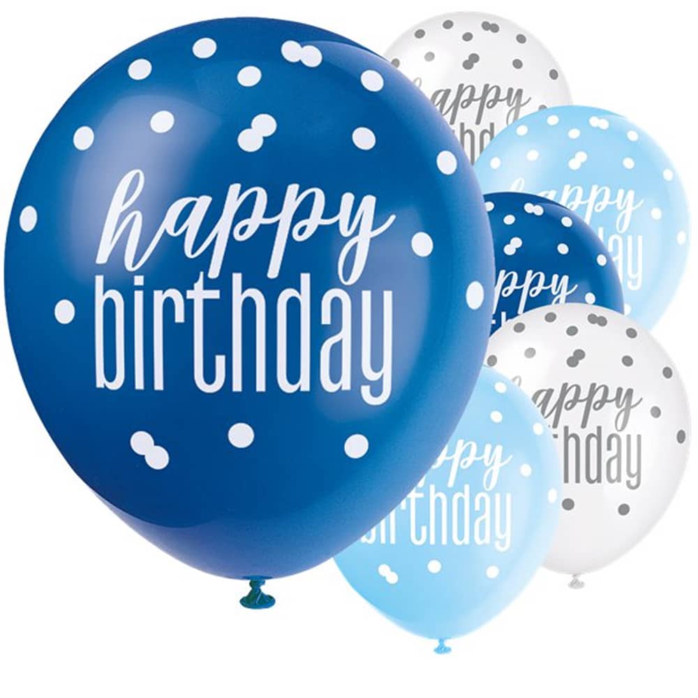 Ballonnen Happy Birthday Blauw Wit - 6 stuks