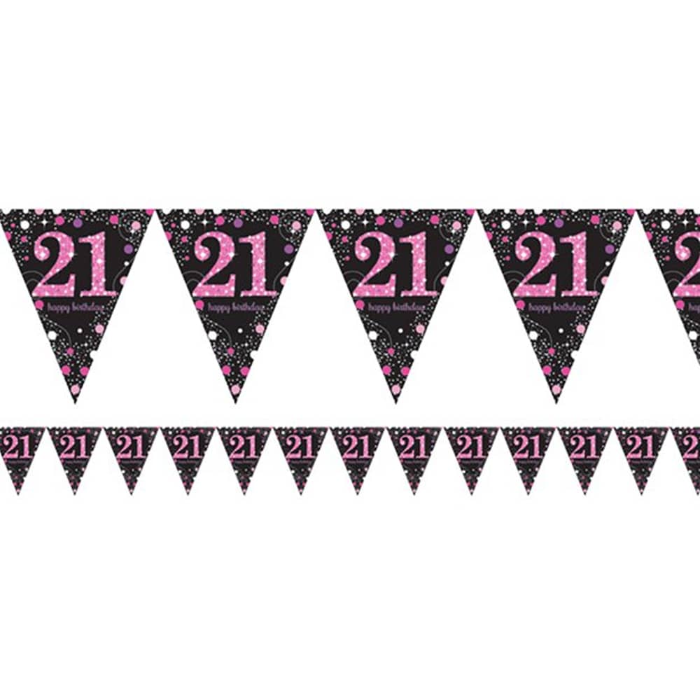 Slinger met de tekst '21 happy birthday' in de kleuren zwart en roze van 4 meter lang