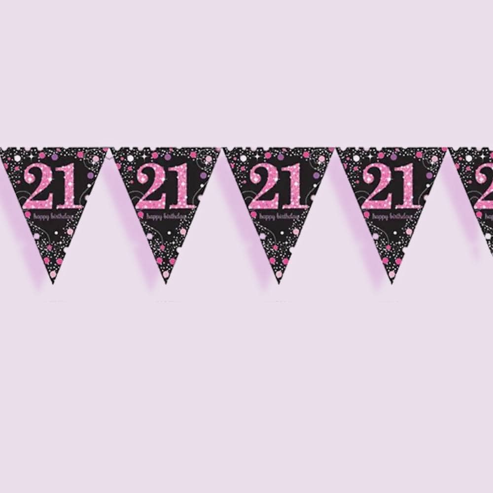 Slinger met de tekst '21 happy birthday' in de kleuren zwart en roze van 4 meter