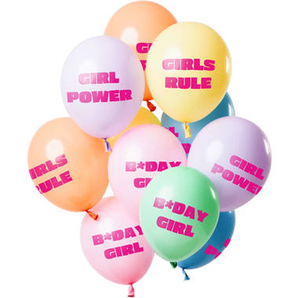 Set ballonnen in verschillende pasteltinten met de tekst 'birthday girl'