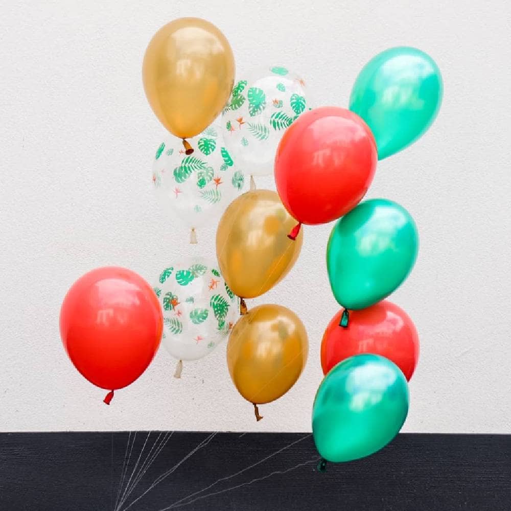 Ballonnenset in de kleuren groen, rood en goud met ballonnen met palmbladeren