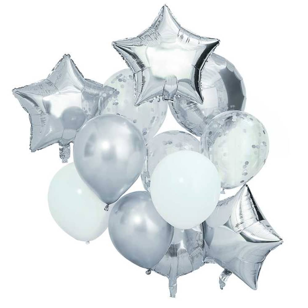 Bundel met zilveren folie en latex ballonnetjes