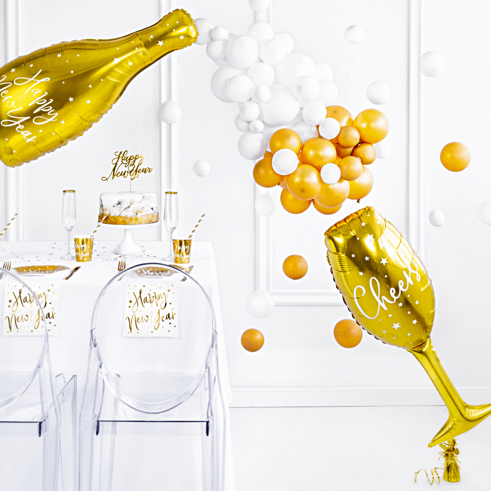 gouden folieballonnen in de vorm van een champagnefles en champagneglas