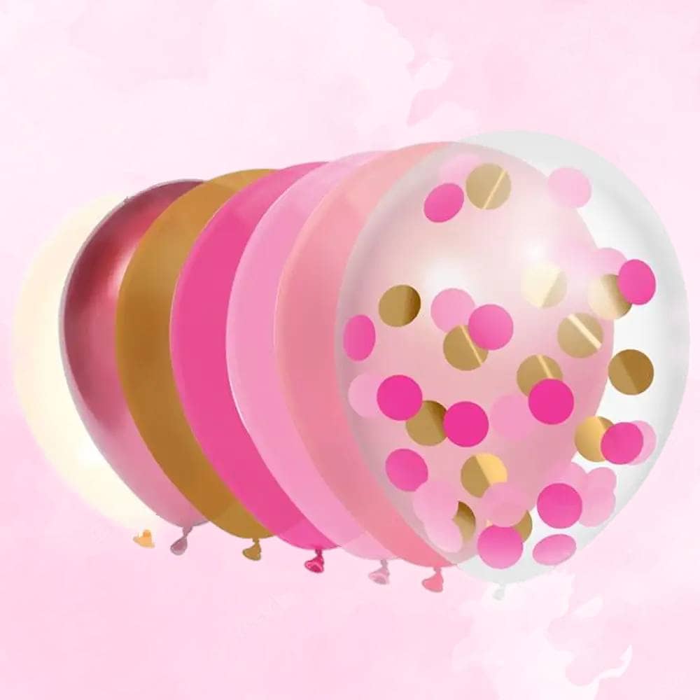 Zeven ballonnen met roze tinten, wit en goud en confetti