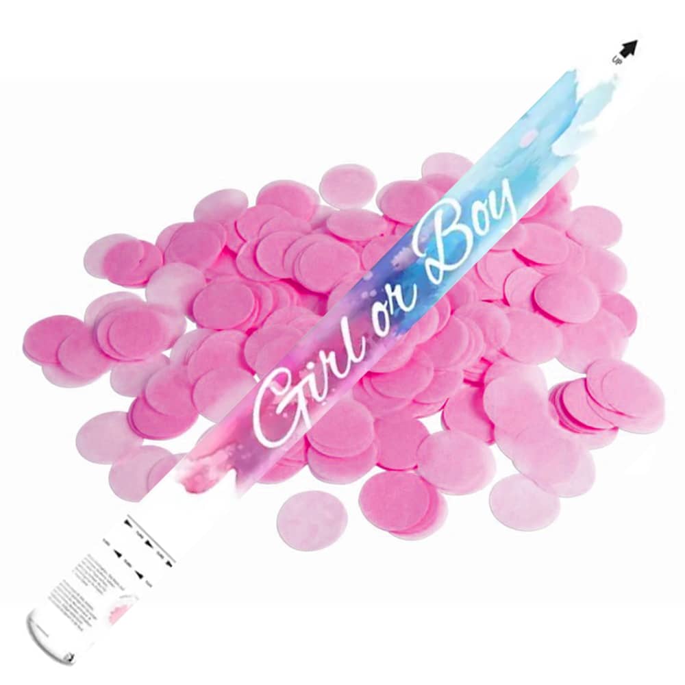 Roze met blauwe confetti shooter met tekst Girl or Boy boven roze confetti