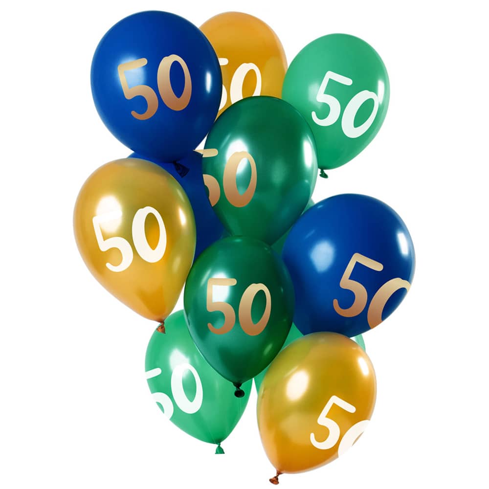 Ballonnen voor 50 jaar in de kleuren blauw, groen en goud