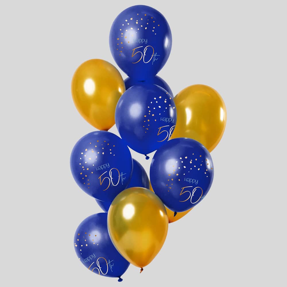 Ballonnenbundel met goud en blauw en de tekst happy 50th