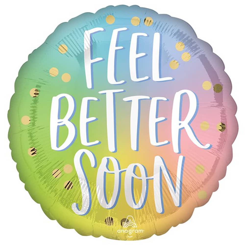 Folieballon met de tekst 'feel better soon' in de kleuren blauw, roze, groen en geel met gouden stippen