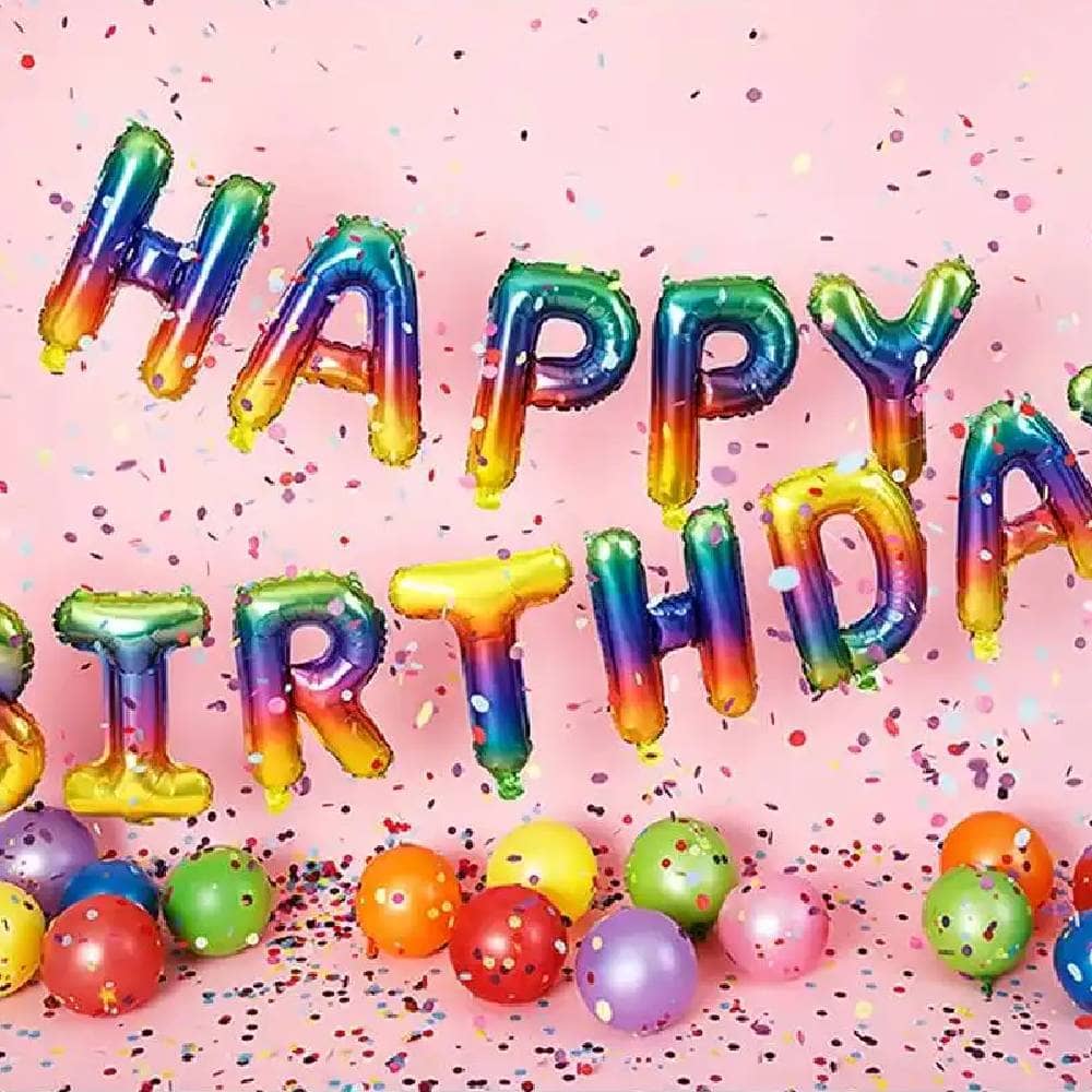 Multicolor folie ballon met de tekst happy birthday confetti en diverse latex ballonnen