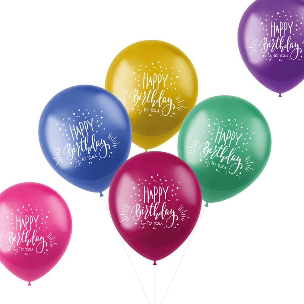 Set ballonnen in verschillende kleuren met de tekst 'happy birthday'