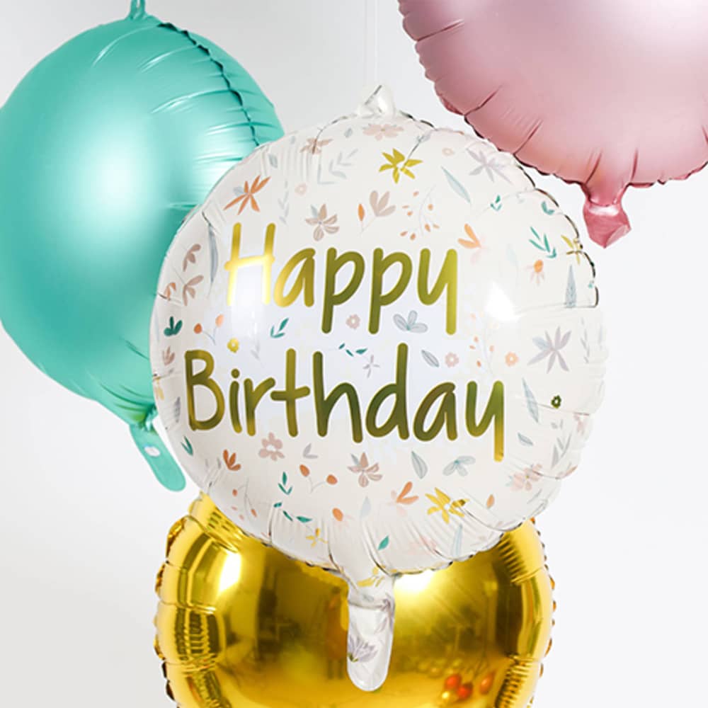 Folieballon met de tekst Happy Birthday met bloemen