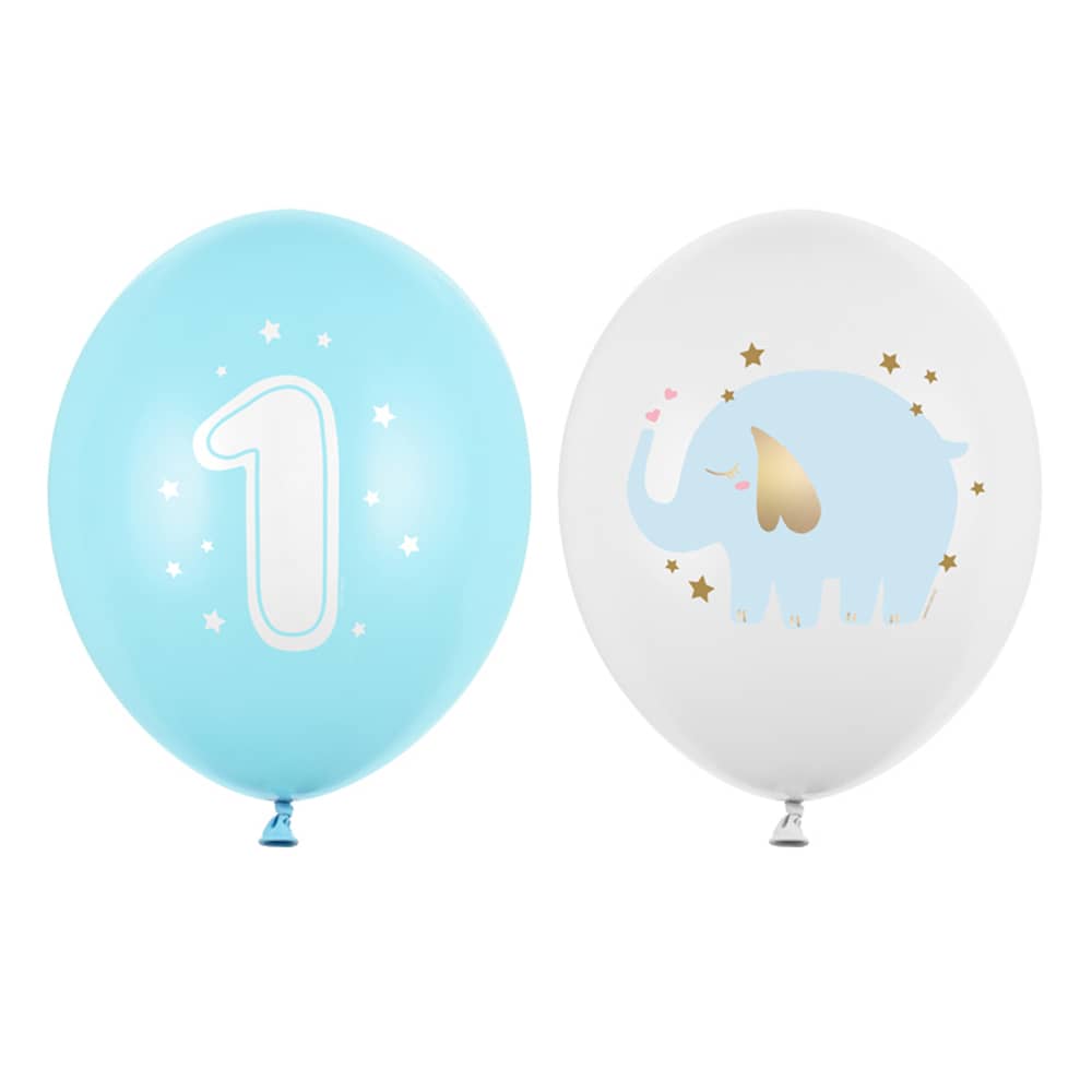 Lichtblauwe en witte ballon met het cijfer 1 en een olifantje