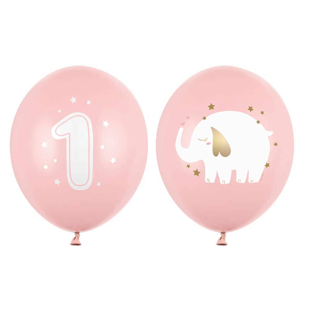Lichtroze ballonnen met in het wit een olifant en het cijfer 1