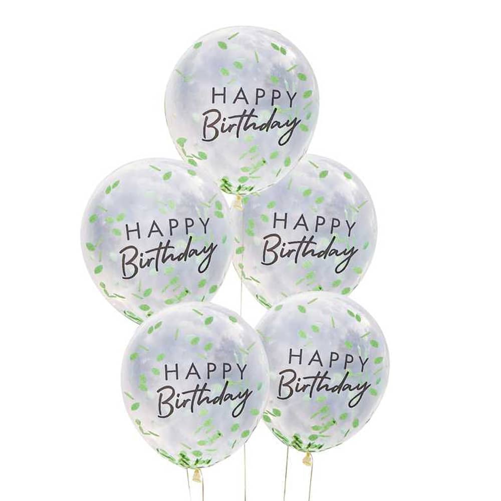 transparante ballonnen gevuld met confetti blaadjes met happy birthday erop