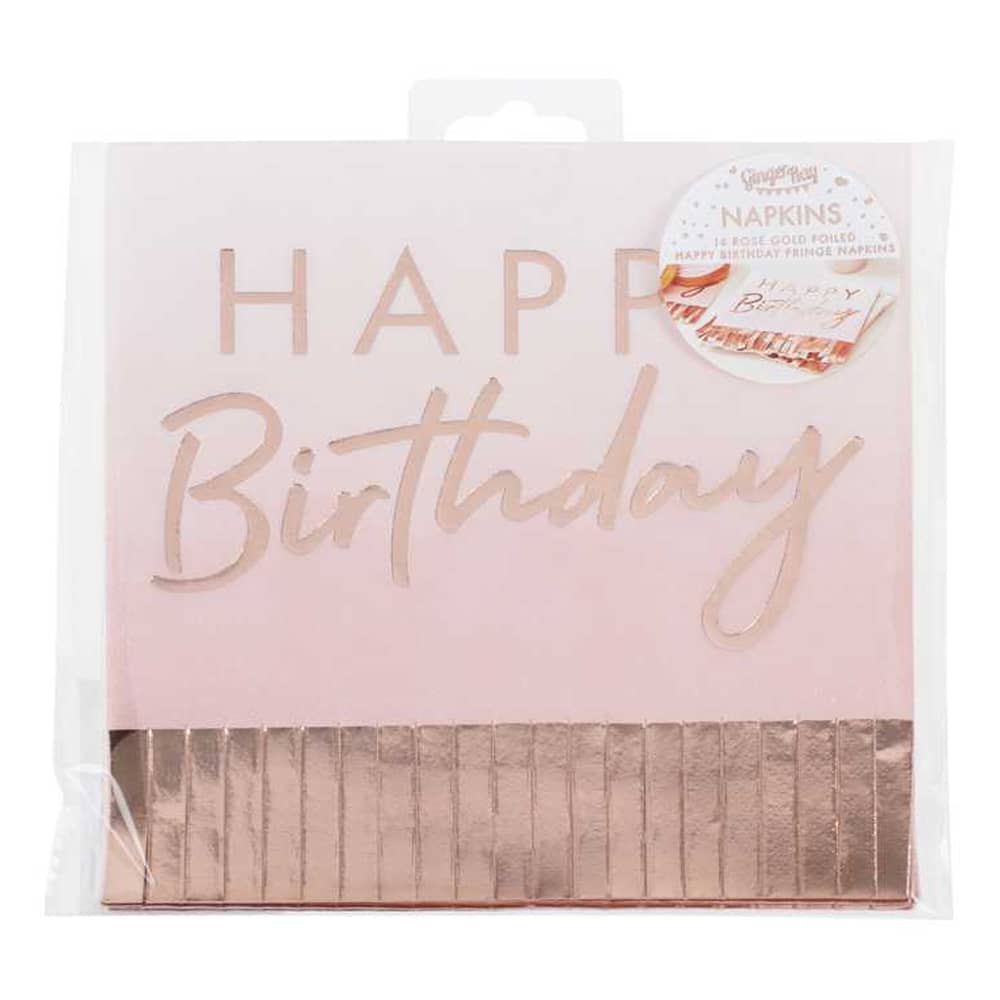 Roze servet met happy birthday en rose gouden franjes