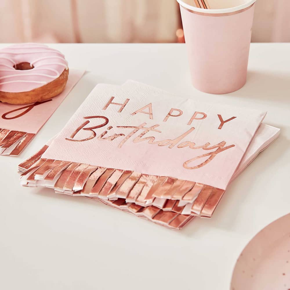Roze servetten met happy birthday en rose gouden franjes