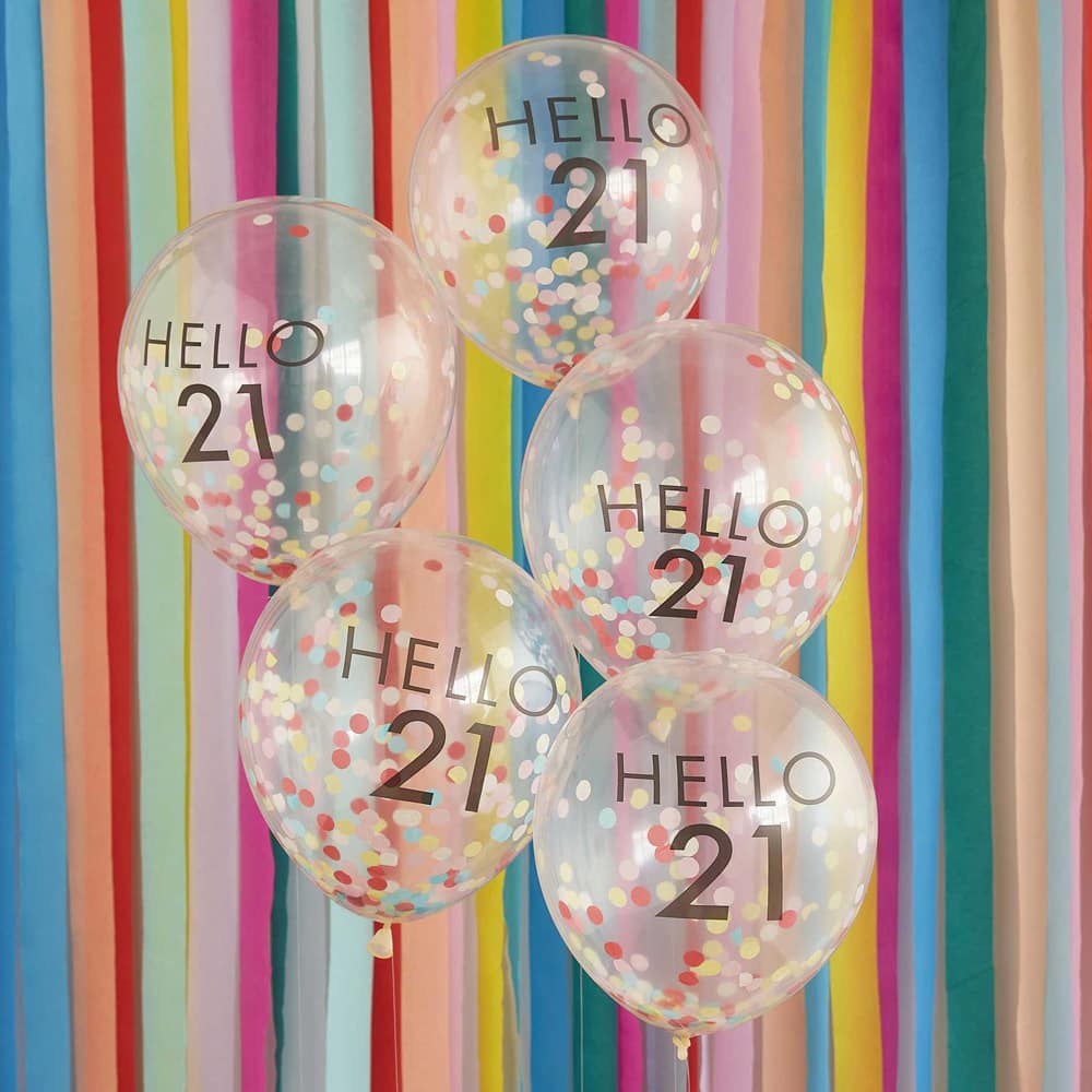 Confetti ballonen met 'Hello 21' erop