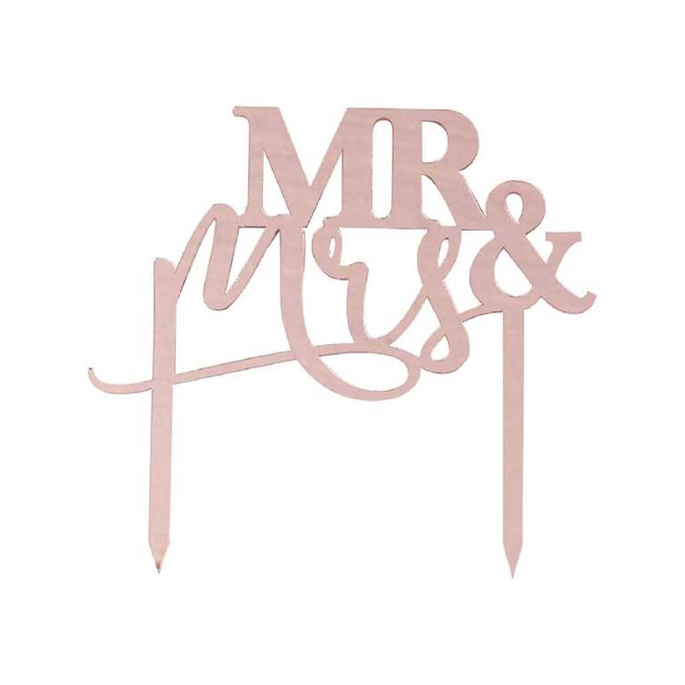 Taart Topper van rose gouden acryl met de tekst Mr & Mrs