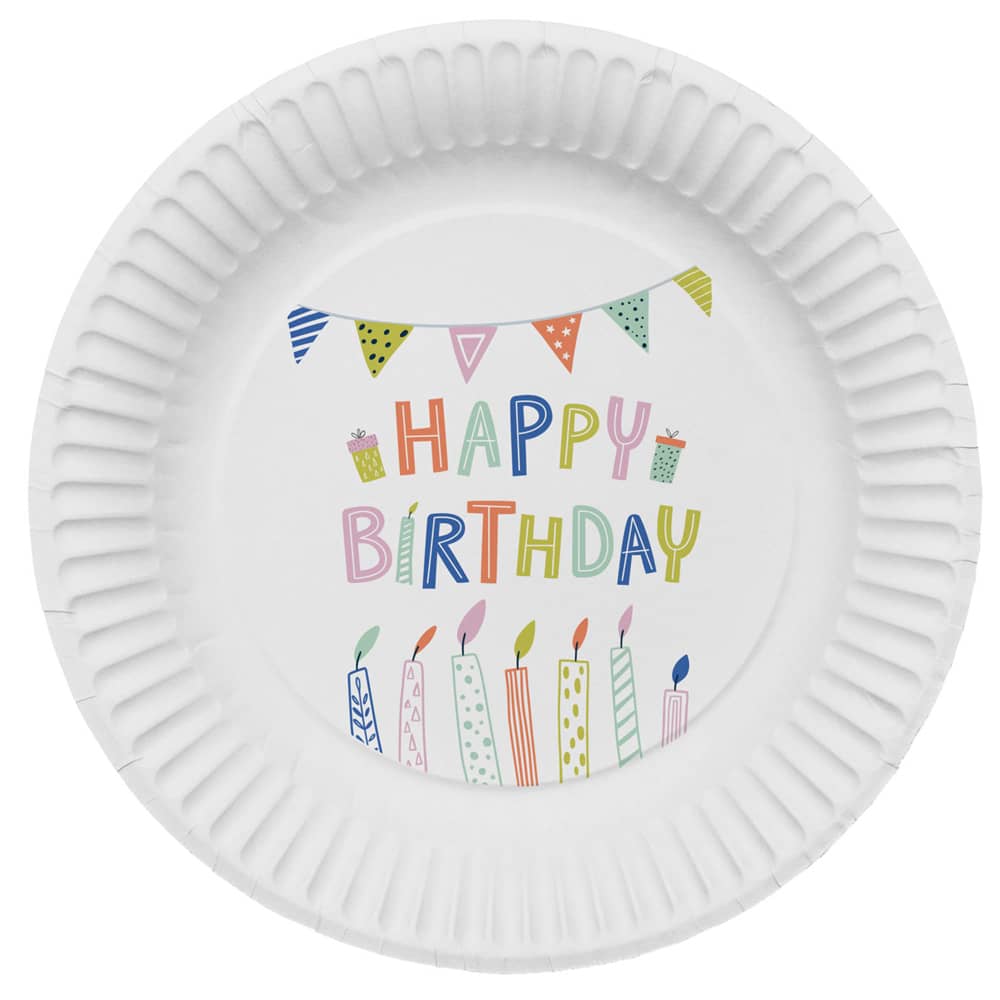 Wit papieren bordje met kleurrijke happy birthday bedrukking