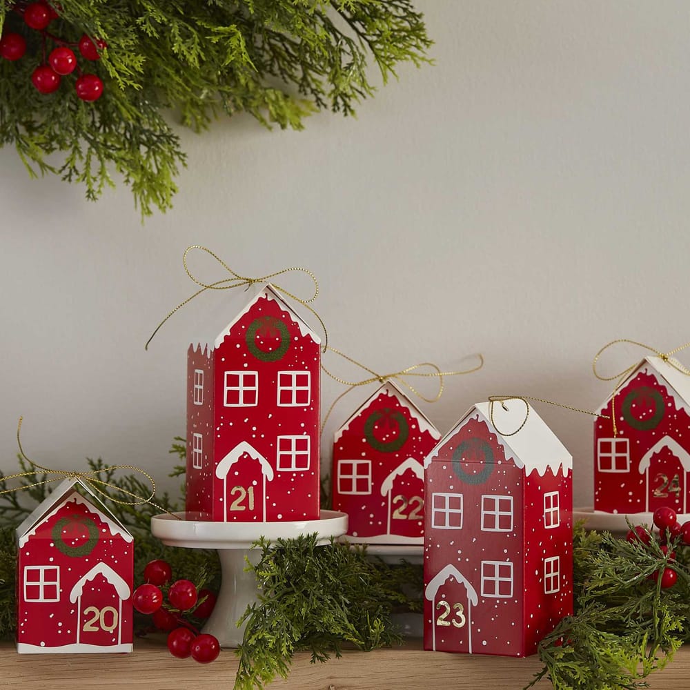 Adventkalender kerstdorp met rode huisjes