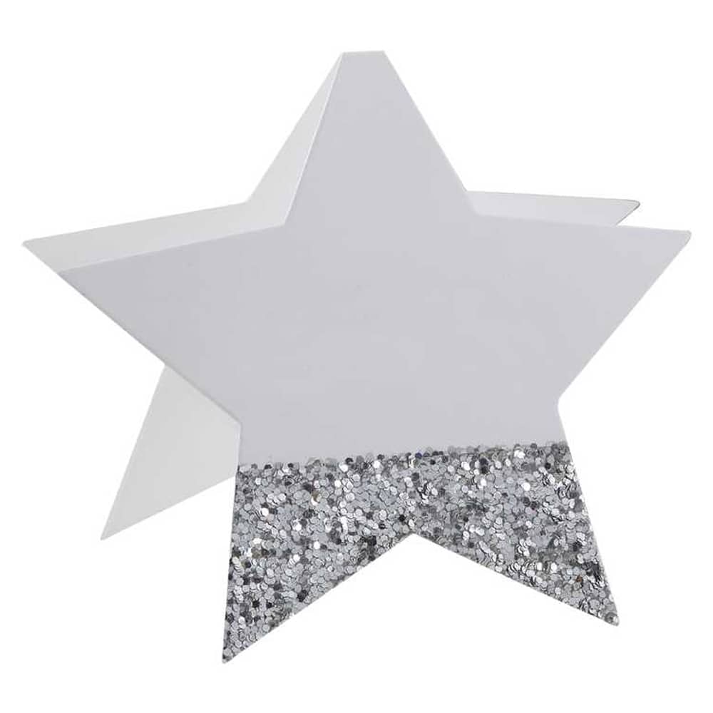 Tafelkaartje in de vorm van een ster met zilveren glitters