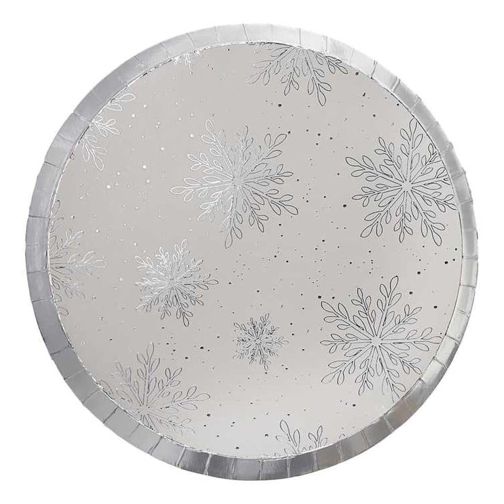 Wit bordje met zilveren rand en zilveren sneeuwvlokken erop