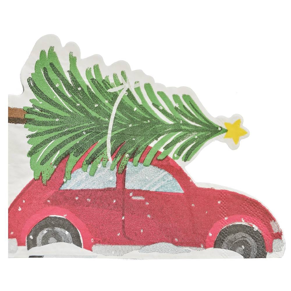 Servet in de vorm van een auto met een kerstboom erop