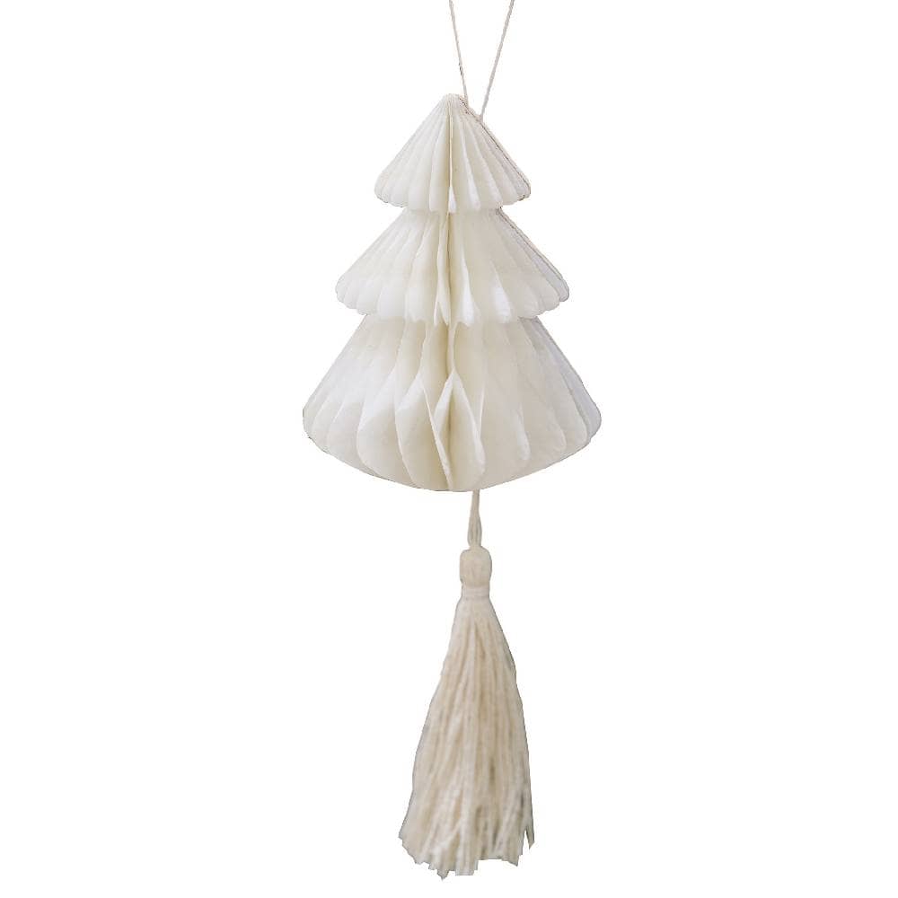 Witte honeycomb hanger in de vorm van een kerstboom met tassel eronder