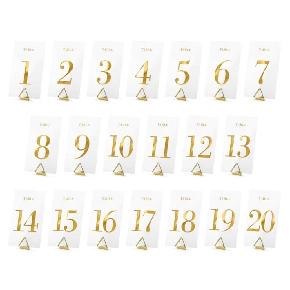 Transparante kaartjes met gouden tafelnummers 1 tot en met 20