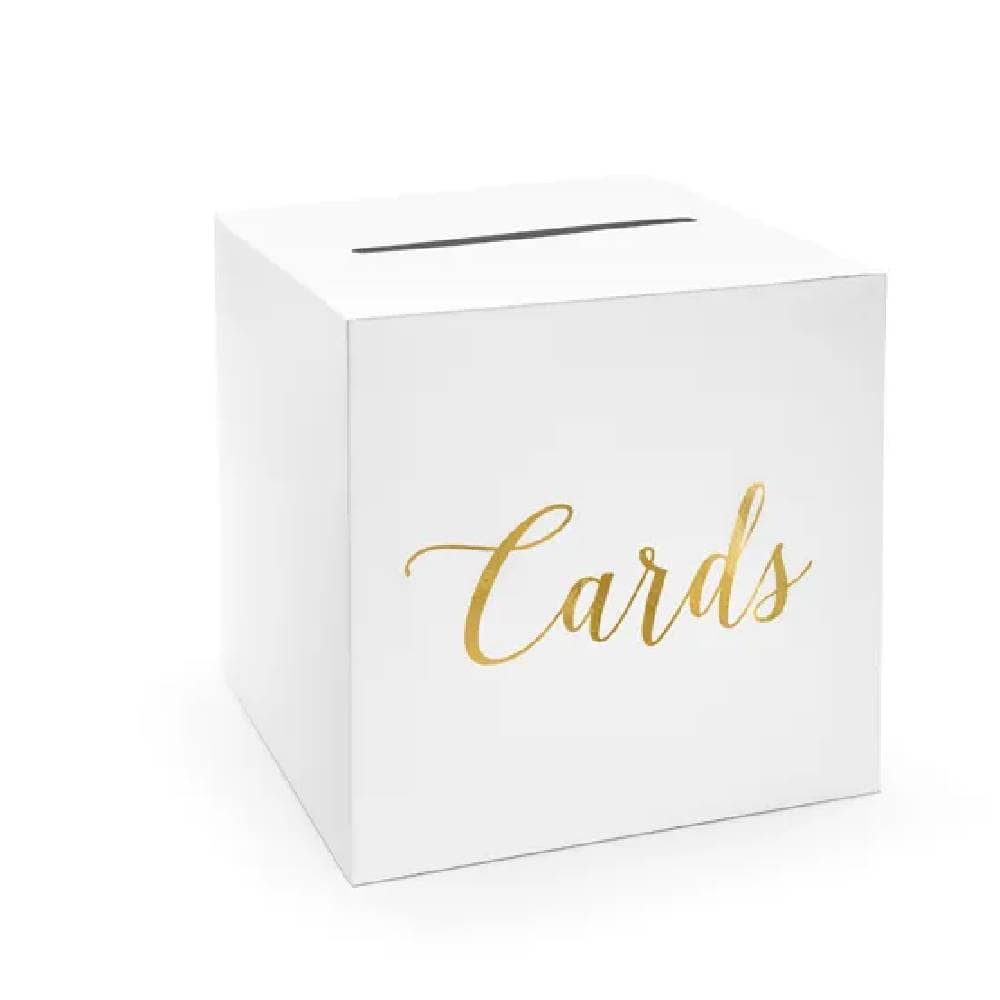 Vierkante witte kaartendoos met gouden tekst erop