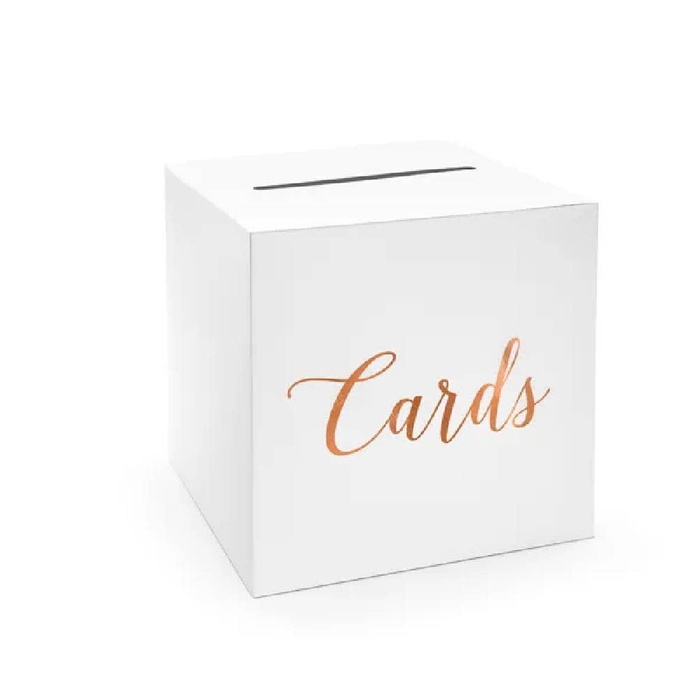 Vierkante witte kaartendoos met rose gouden tekst erop