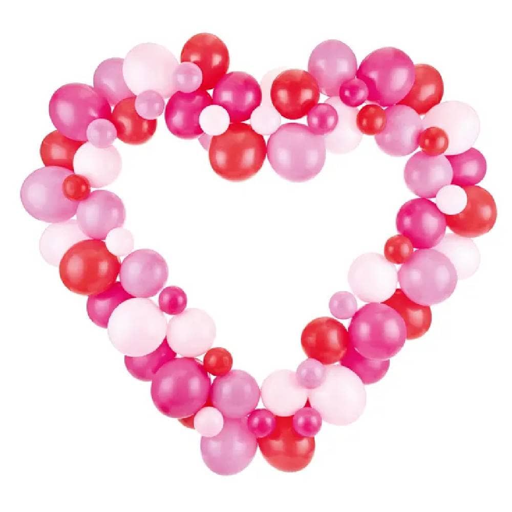 Ballonnenframe in de kleuren fuschia, lichtroze, roze en rood in de vorm van een hart