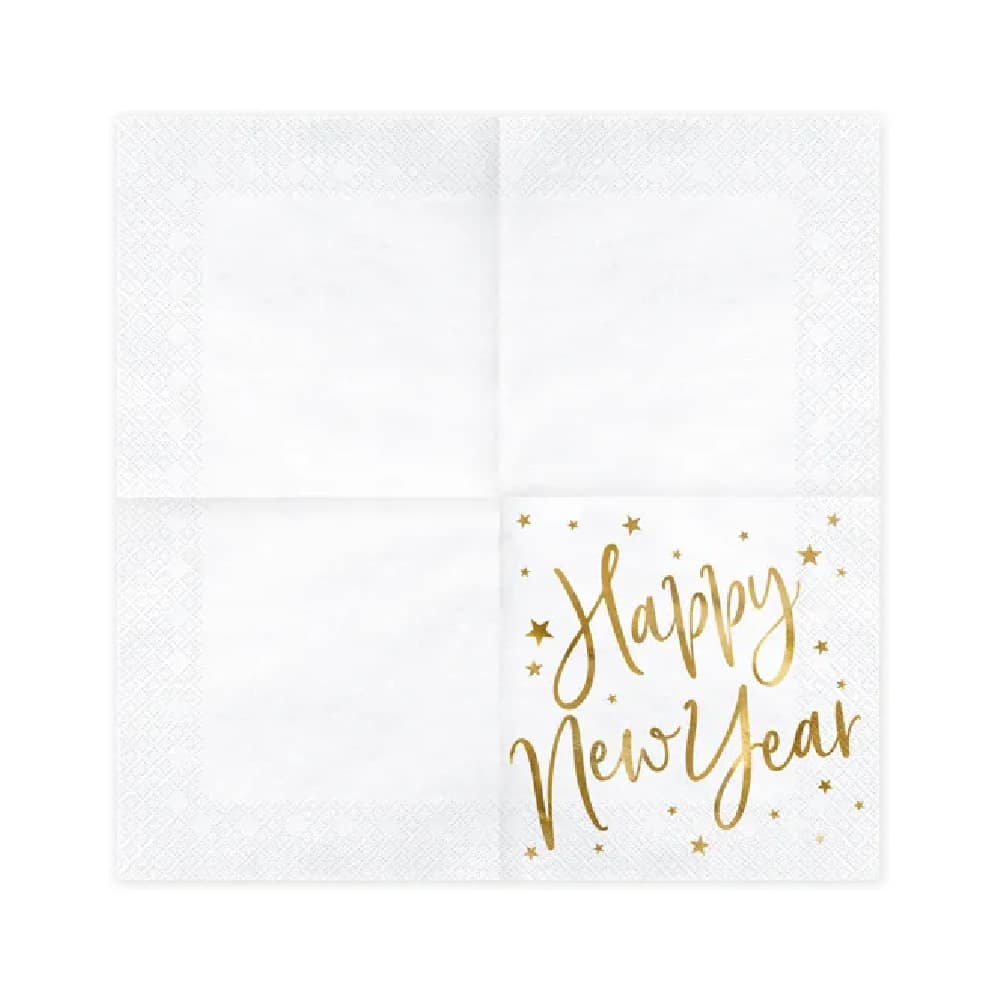 Witte servetten met de gouden tekst 'happy new year'