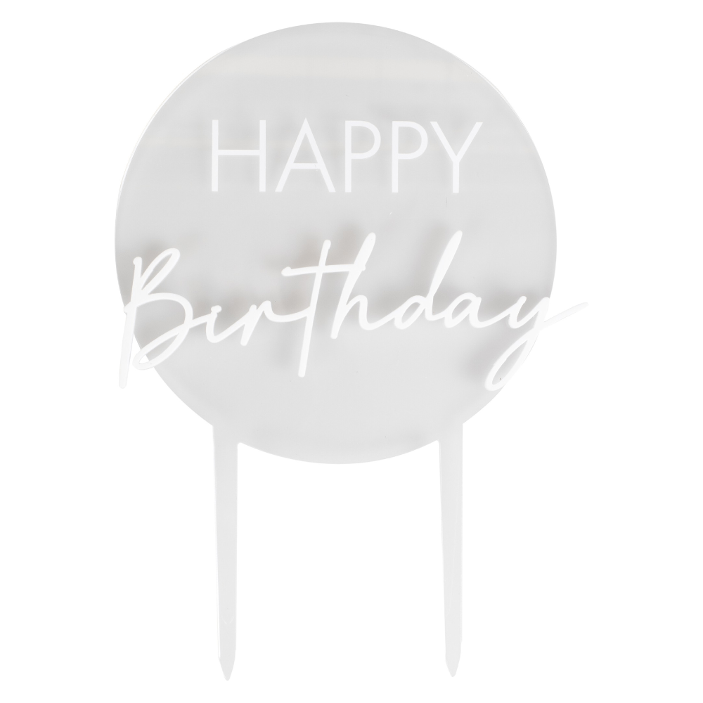 Acryl taart topper met de witte tekst happy birthday
