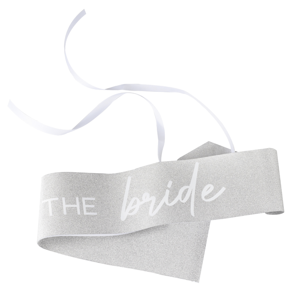 Zilveren sjerp met witte tekst the bride en glitters