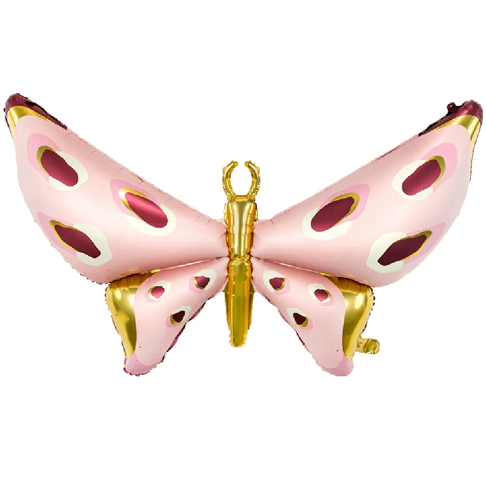 Folieballon in de vorm van een vlinder in het zachtroze met paars en goud