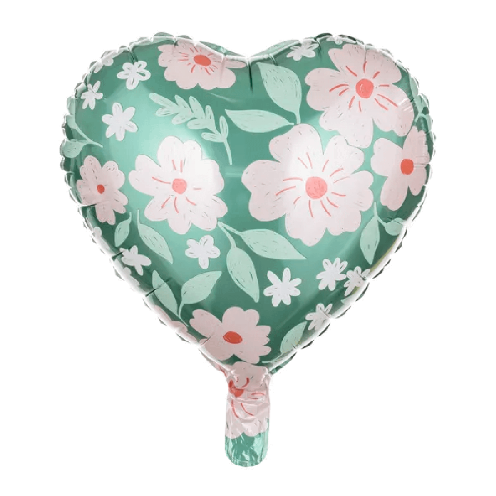 Folieballon in de vorm van een hart met bloemenprint met roze bloemen en lichtgroene bladeren