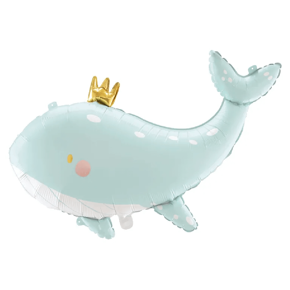 Folieballon in de vorm van een walvis met een gouden kroontje